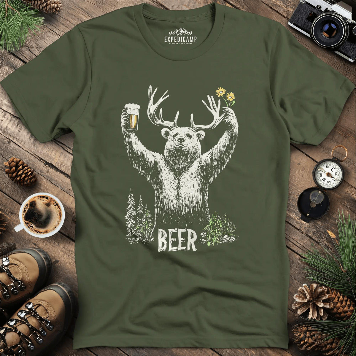 Bear Beer T-Shirt - Fun Outdoor Design – Military Green – Outdoor apparel for travel, hiking, camping, and nature lovers – ExpediCamp