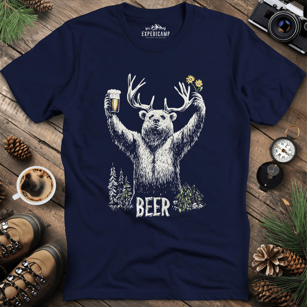 Bear Beer T-Shirt - Fun Outdoor Design – Navy – Outdoor apparel for travel, hiking, camping, and nature lovers – ExpediCamp