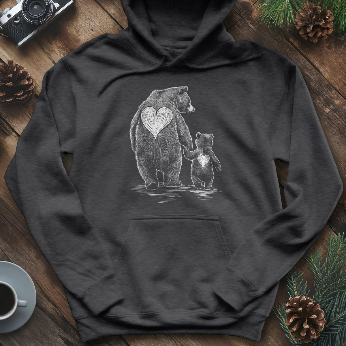 Bear Family Love Hoodie – Dark Heather – Outdoor apparel for travel, hiking, camping, and nature lovers – ExpediCamp