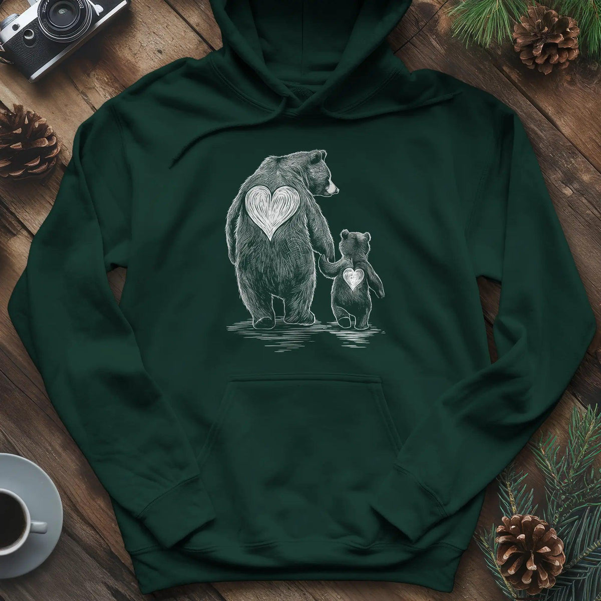 Bear Family Love Hoodie – Forest Green – Outdoor apparel for travel, hiking, camping, and nature lovers – ExpediCamp