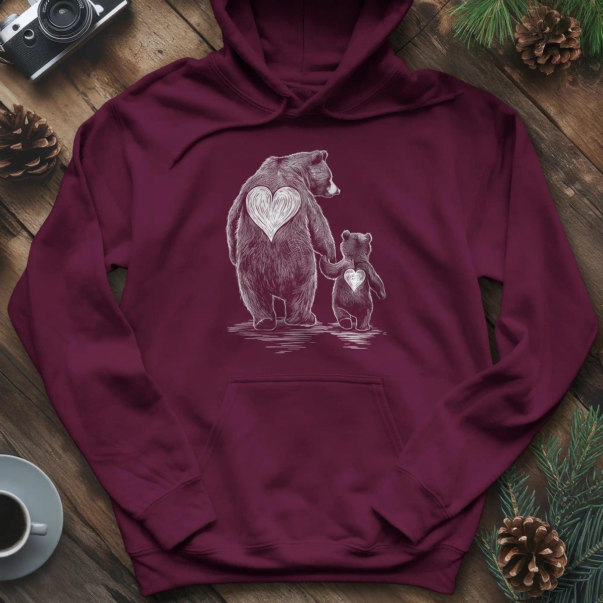 Bear Family Love Hoodie – Maroon – Outdoor apparel for travel, hiking, camping, and nature lovers – ExpediCamp
