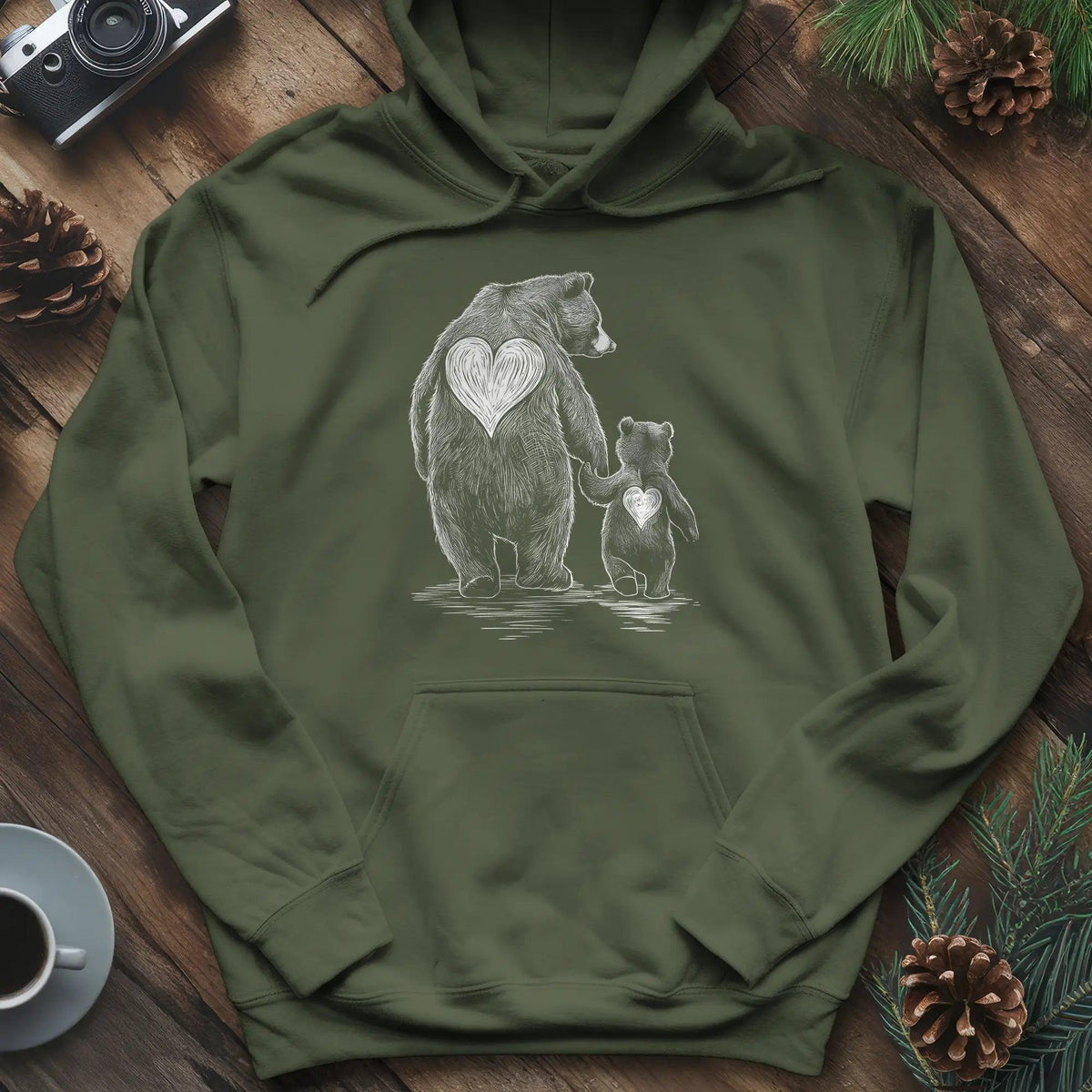 Bear Family Love Hoodie – Military Green – Outdoor apparel for travel, hiking, camping, and nature lovers – ExpediCamp