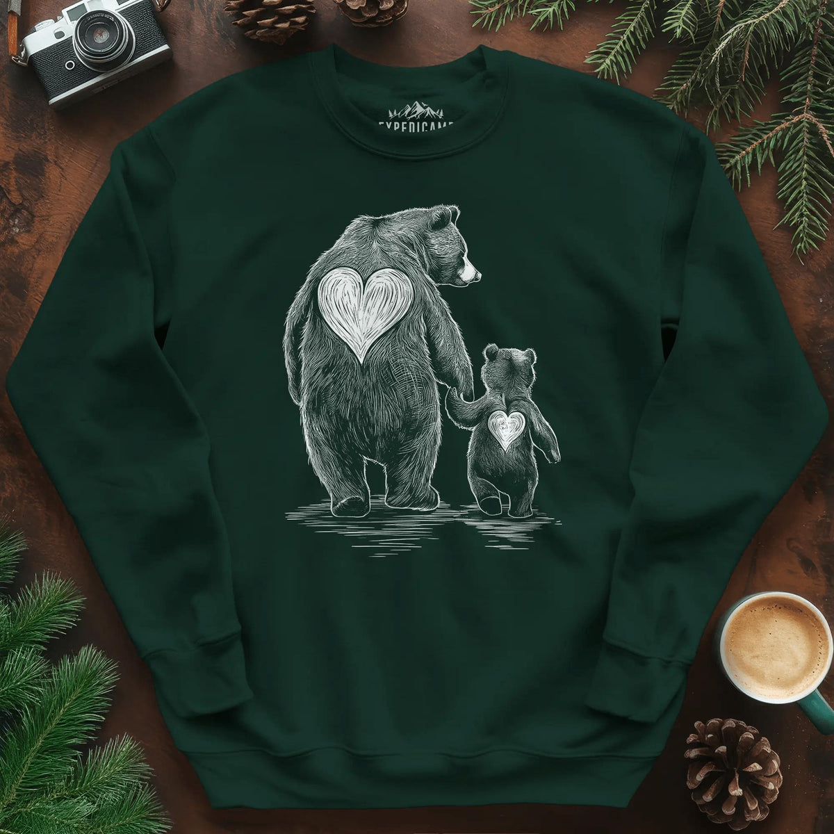Bear Family Love Sweatshirt – Forest Green – Outdoor apparel for travel, hiking, camping, and nature lovers – ExpediCamp
