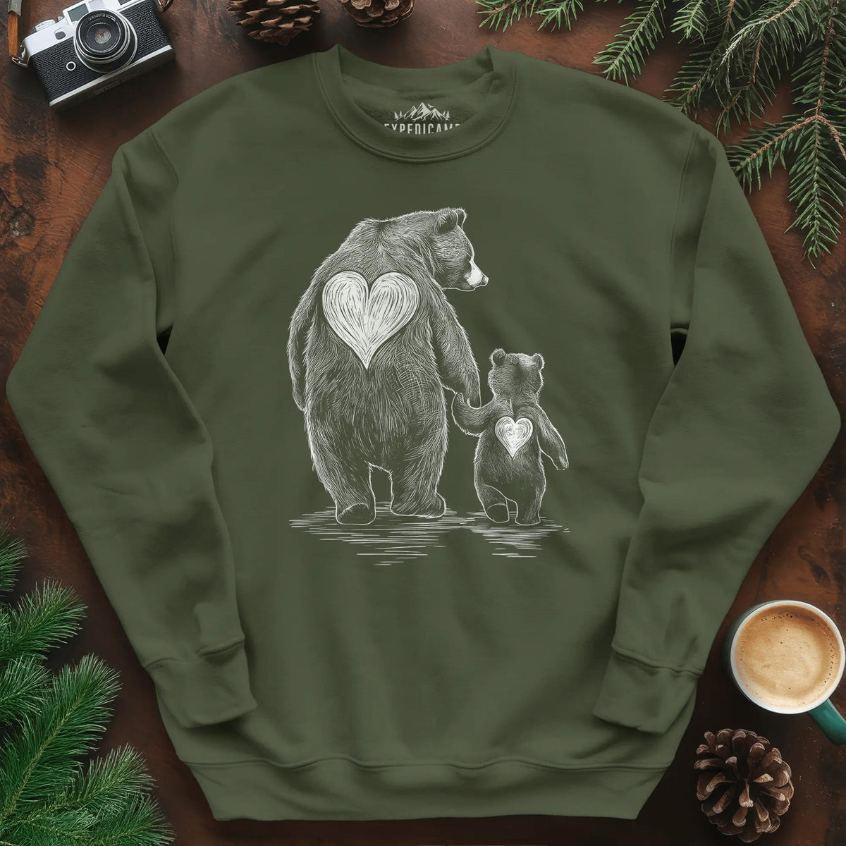 Bear Family Love Sweatshirt – Military Green – Outdoor apparel for travel, hiking, camping, and nature lovers – ExpediCamp