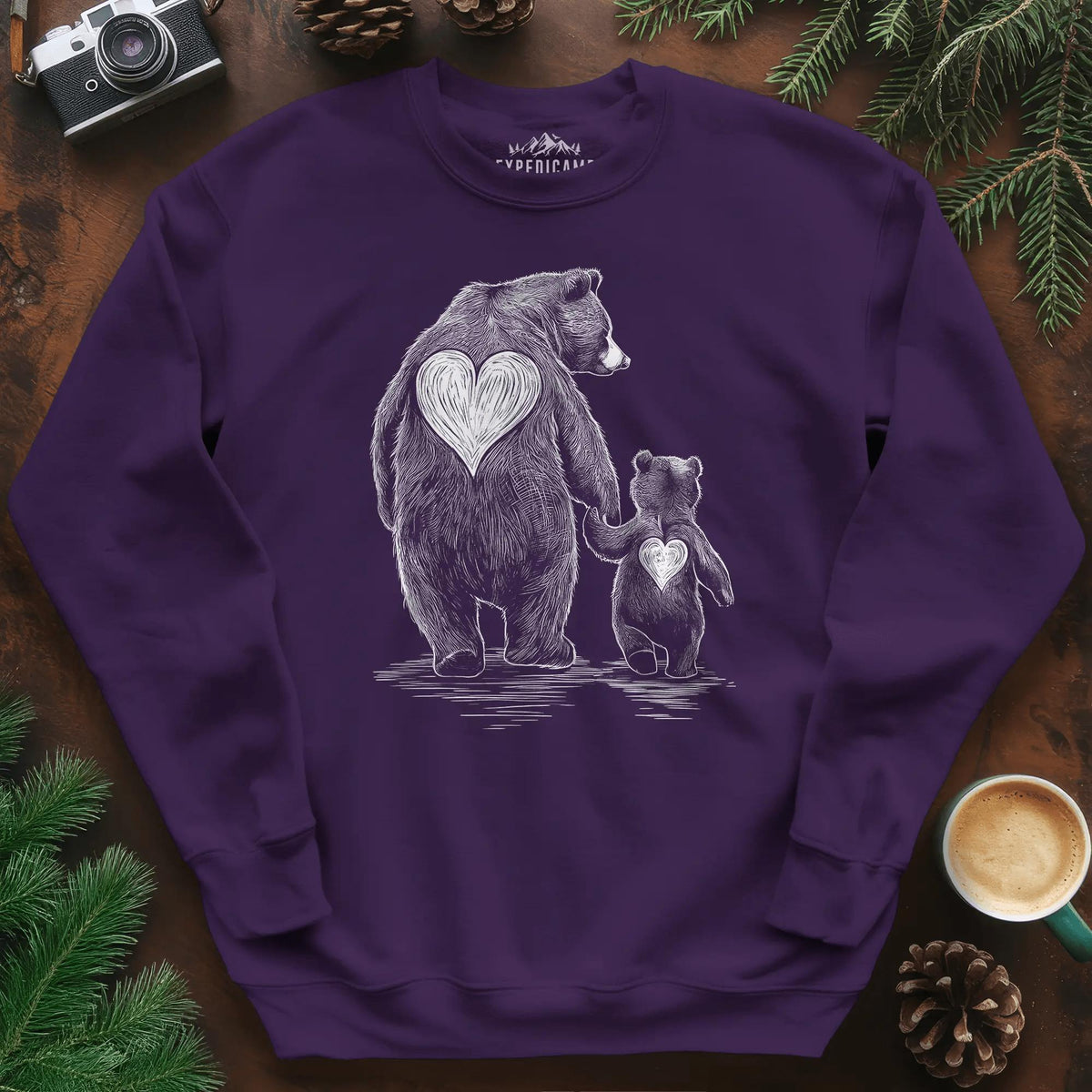 Bear Family Love Sweatshirt – Purple – Outdoor apparel for travel, hiking, camping, and nature lovers – ExpediCamp