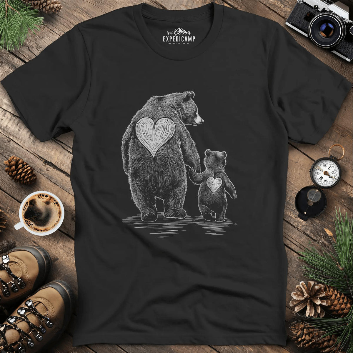 Bear Family Love T-Shirt – Black – Outdoor apparel for travel, hiking, camping, and nature lovers – ExpediCamp
