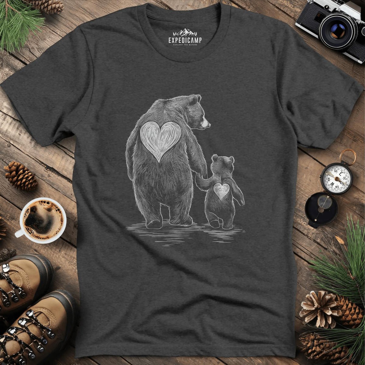 Bear Family Love T-Shirt – Dark Heather – Outdoor apparel for travel, hiking, camping, and nature lovers – ExpediCamp