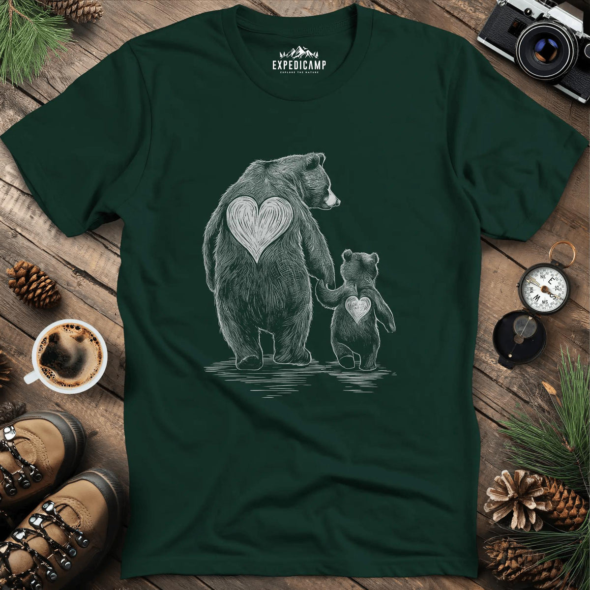Bear Family Love T-Shirt – Forest Green – Outdoor apparel for travel, hiking, camping, and nature lovers – ExpediCamp