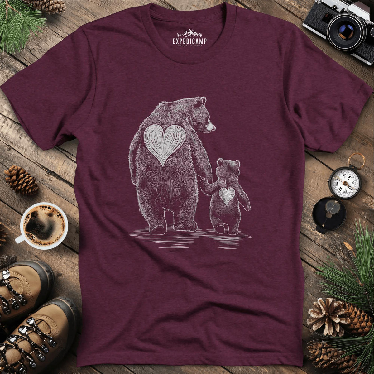Bear Family Love T-Shirt – Heather Maroon – Outdoor apparel for travel, hiking, camping, and nature lovers – ExpediCamp