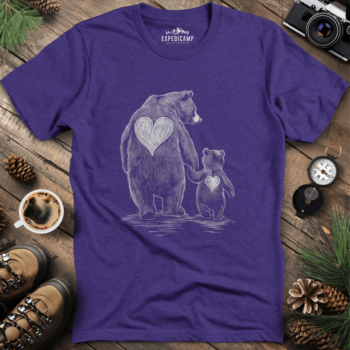 Bear Family Love T-Shirt – Heather Purple – Outdoor apparel for travel, hiking, camping, and nature lovers – ExpediCamp