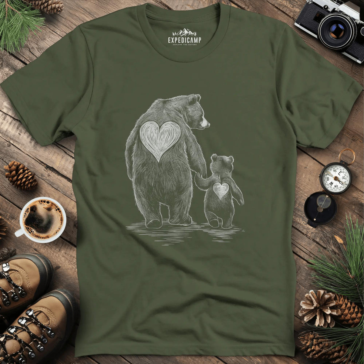 Bear Family Love T-Shirt – Military Green – Outdoor apparel for travel, hiking, camping, and nature lovers – ExpediCamp