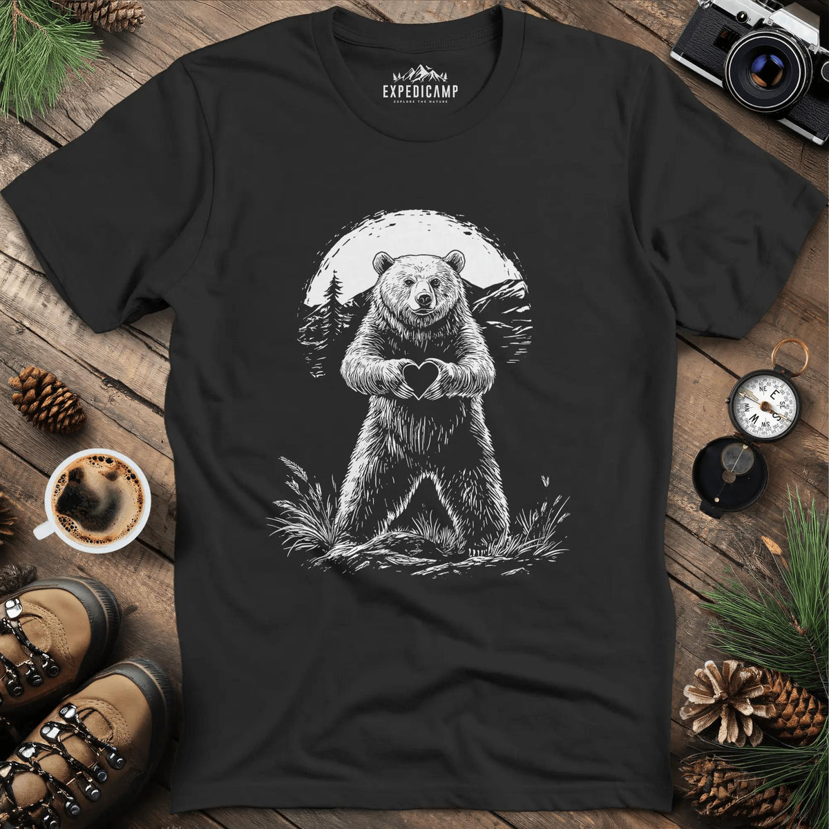 Bear Heart T-Shirt – Wilderness Love Design – Black – Outdoor apparel for travel, hiking, camping, and nature lovers – ExpediCamp