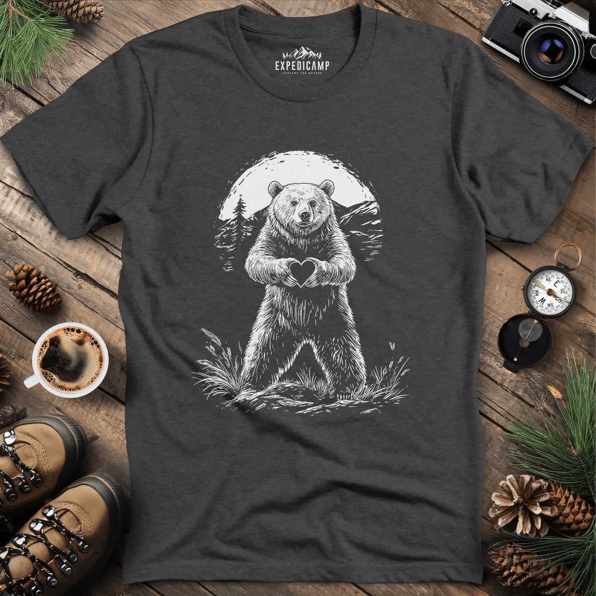 Bear Heart T-Shirt – Wilderness Love Design – Dark Heather – Outdoor apparel for travel, hiking, camping, and nature lovers – ExpediCamp