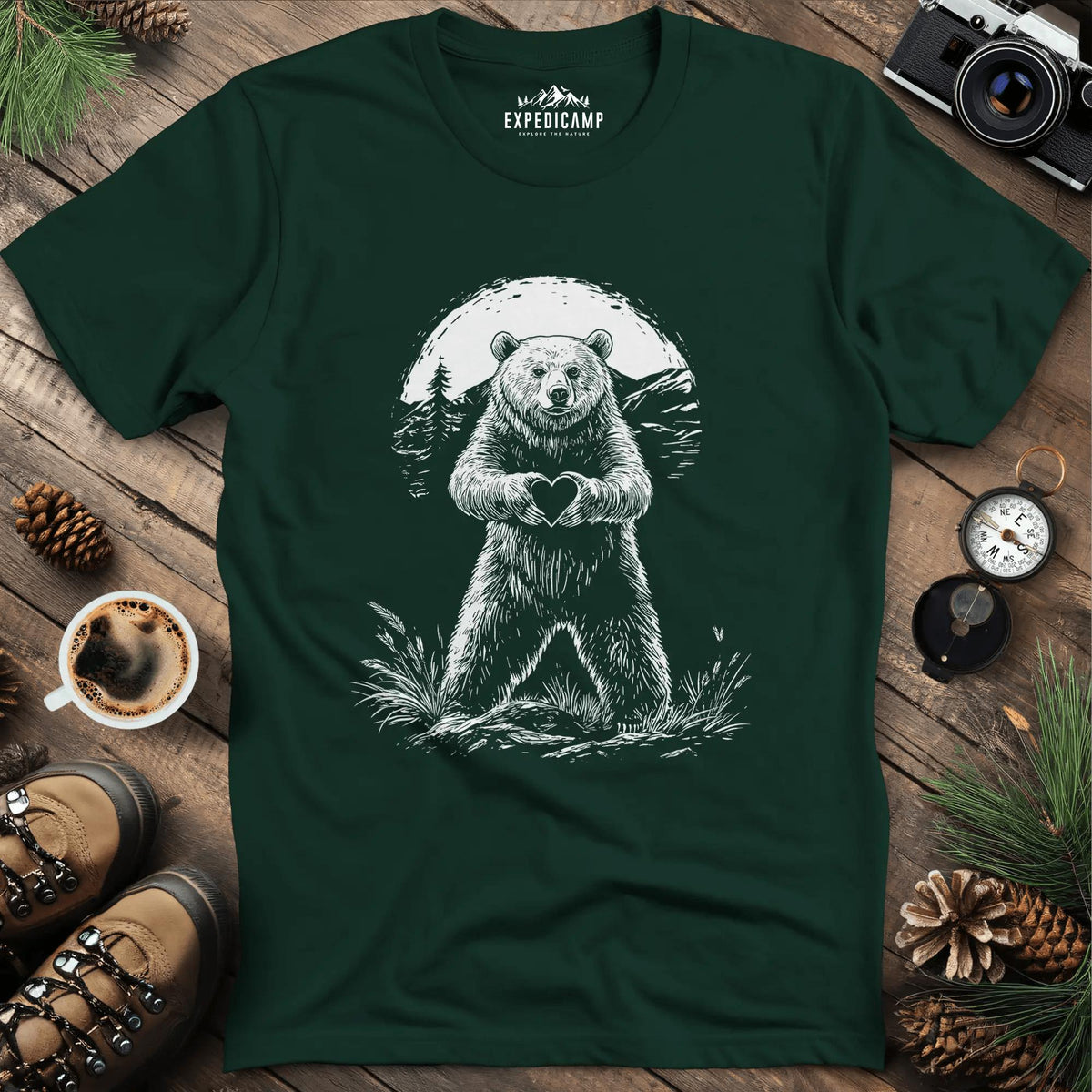 Bear Heart T-Shirt – Wilderness Love Design – Forest Green – Outdoor apparel for travel, hiking, camping, and nature lovers – ExpediCamp