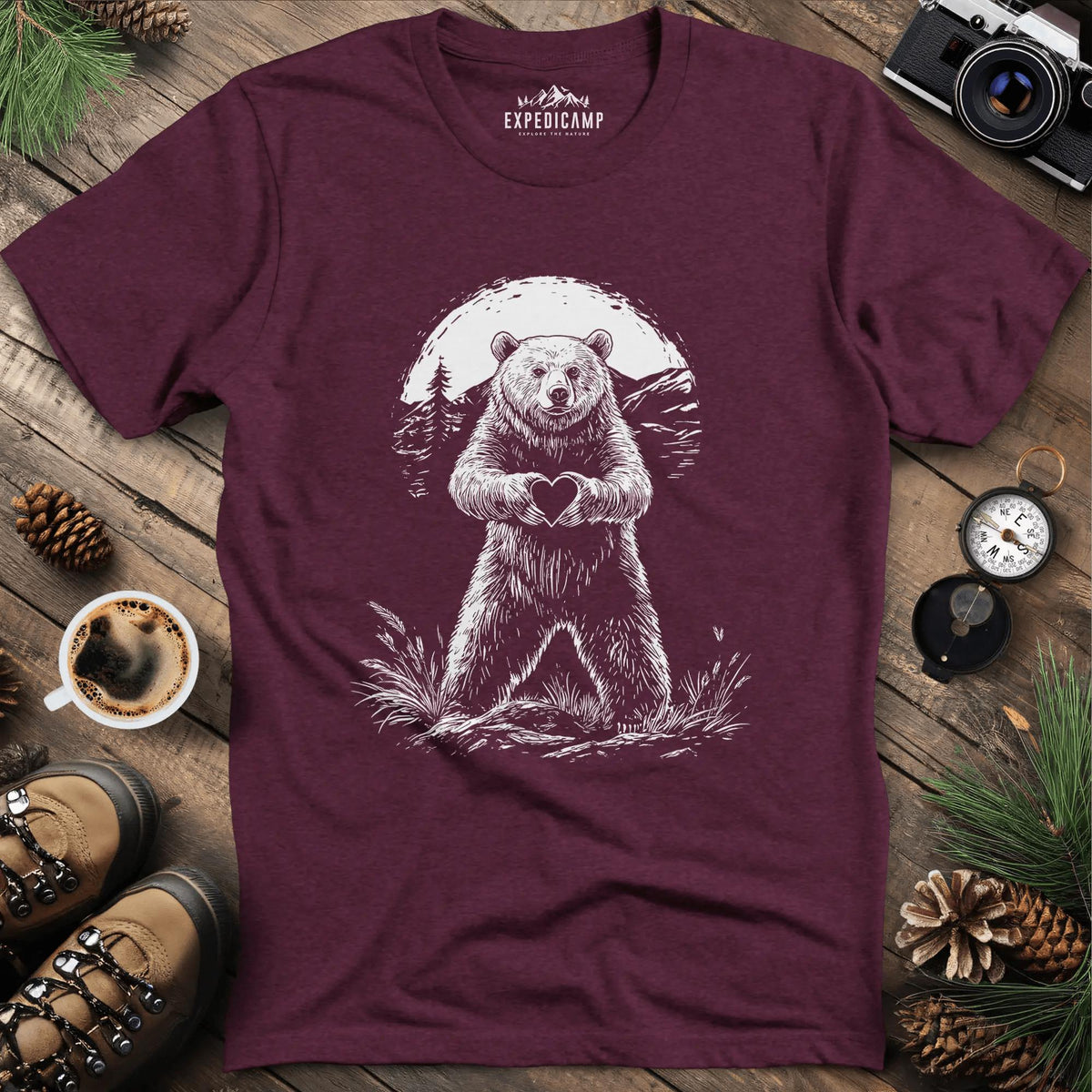 Bear Heart T-Shirt – Wilderness Love Design – Heather Maroon – Outdoor apparel for travel, hiking, camping, and nature lovers – ExpediCamp