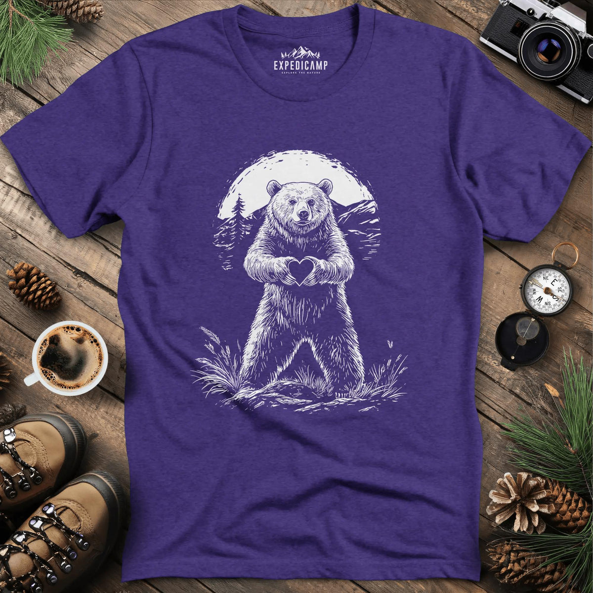 Bear Heart T-Shirt – Wilderness Love Design – Heather Purple – Outdoor apparel for travel, hiking, camping, and nature lovers – ExpediCamp