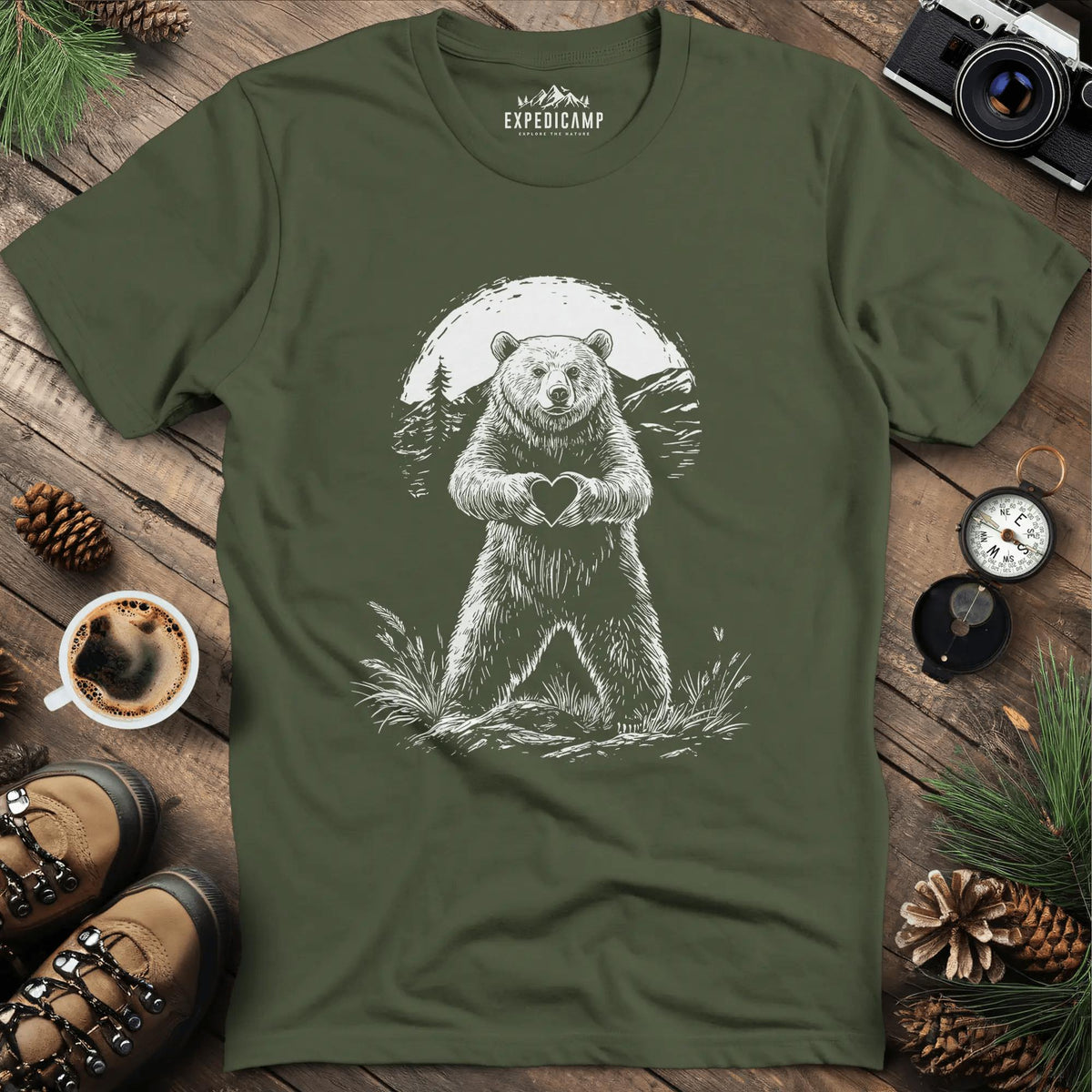 Bear Heart T-Shirt – Wilderness Love Design – Military Green – Outdoor apparel for travel, hiking, camping, and nature lovers – ExpediCamp