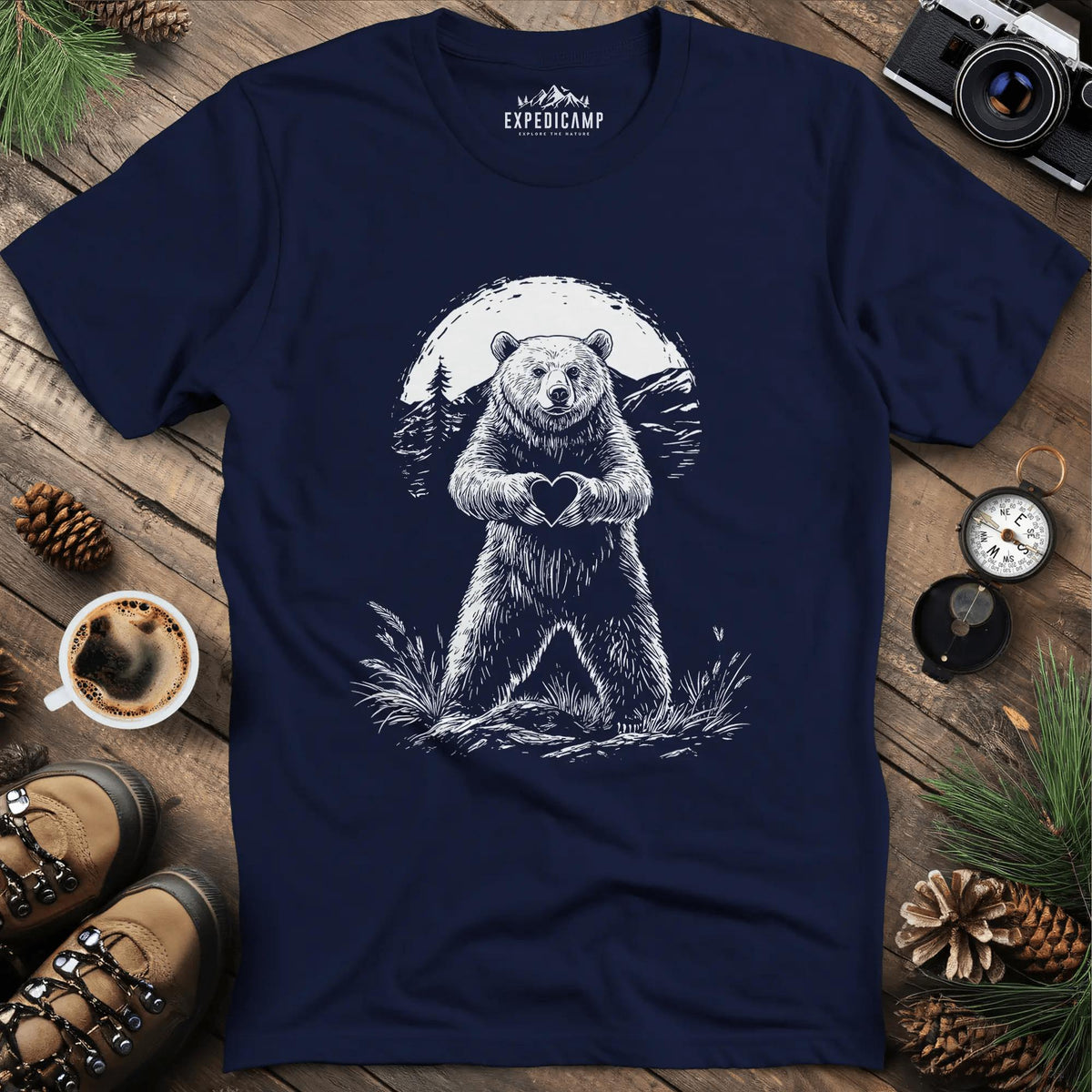 Bear Heart T-Shirt – Wilderness Love Design – Navy – Outdoor apparel for travel, hiking, camping, and nature lovers – ExpediCamp