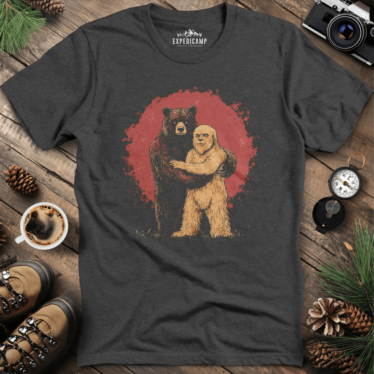 Bear Hugging Bigfoot T-Shirt – Unlikely Wilderness Friendship – Dark Heather – Outdoor apparel for travel, hiking, camping, and nature lovers – ExpediCamp