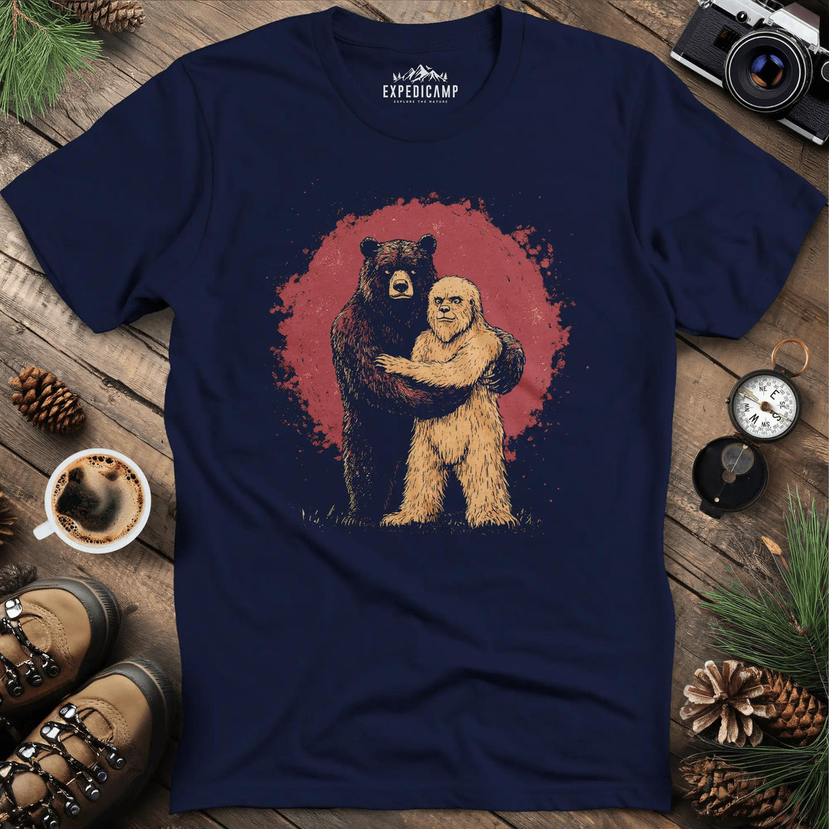 Bear Hugging Bigfoot T-Shirt – Unlikely Wilderness Friendship – Navy – Outdoor apparel for travel, hiking, camping, and nature lovers – ExpediCamp
