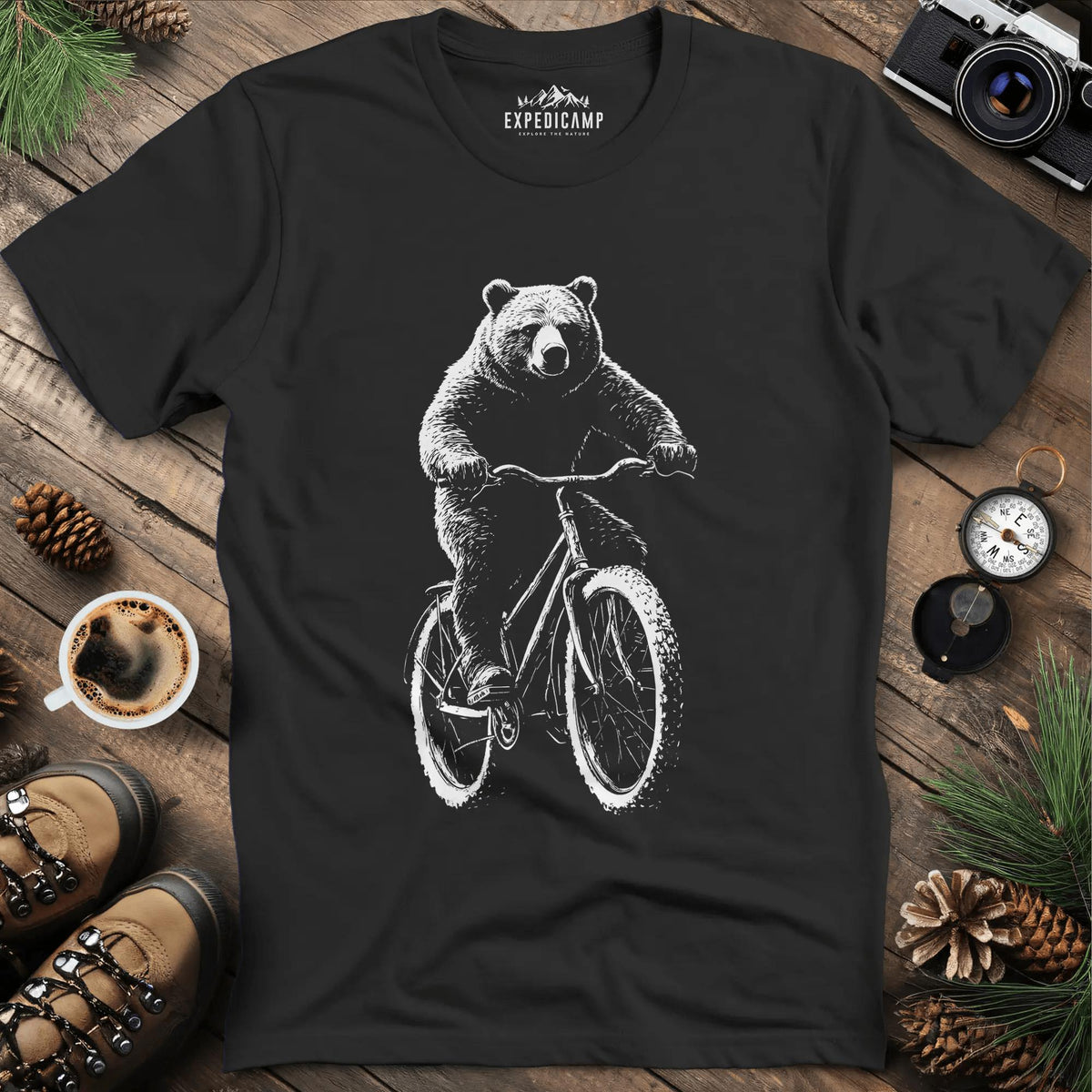Bear on a Bike T-Shirt – Black – Outdoor apparel for travel, hiking, camping, and nature lovers – ExpediCamp