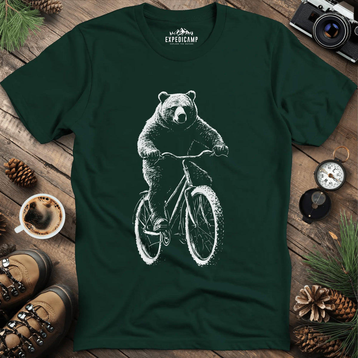 Bear on a Bike T-Shirt – Forest Green – Outdoor apparel for travel, hiking, camping, and nature lovers – ExpediCamp