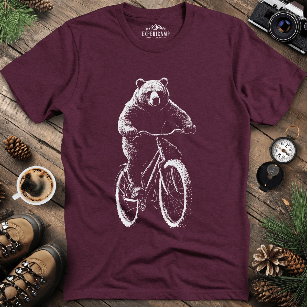 Bear on a Bike T-Shirt – Heather Maroon – Outdoor apparel for travel, hiking, camping, and nature lovers – ExpediCamp