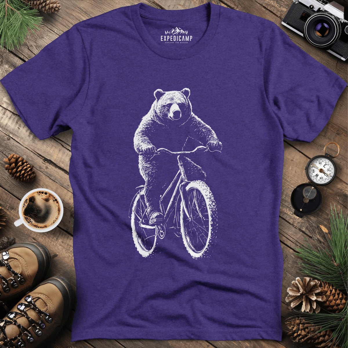 Bear on a Bike T-Shirt – Heather Purple – Outdoor apparel for travel, hiking, camping, and nature lovers – ExpediCamp