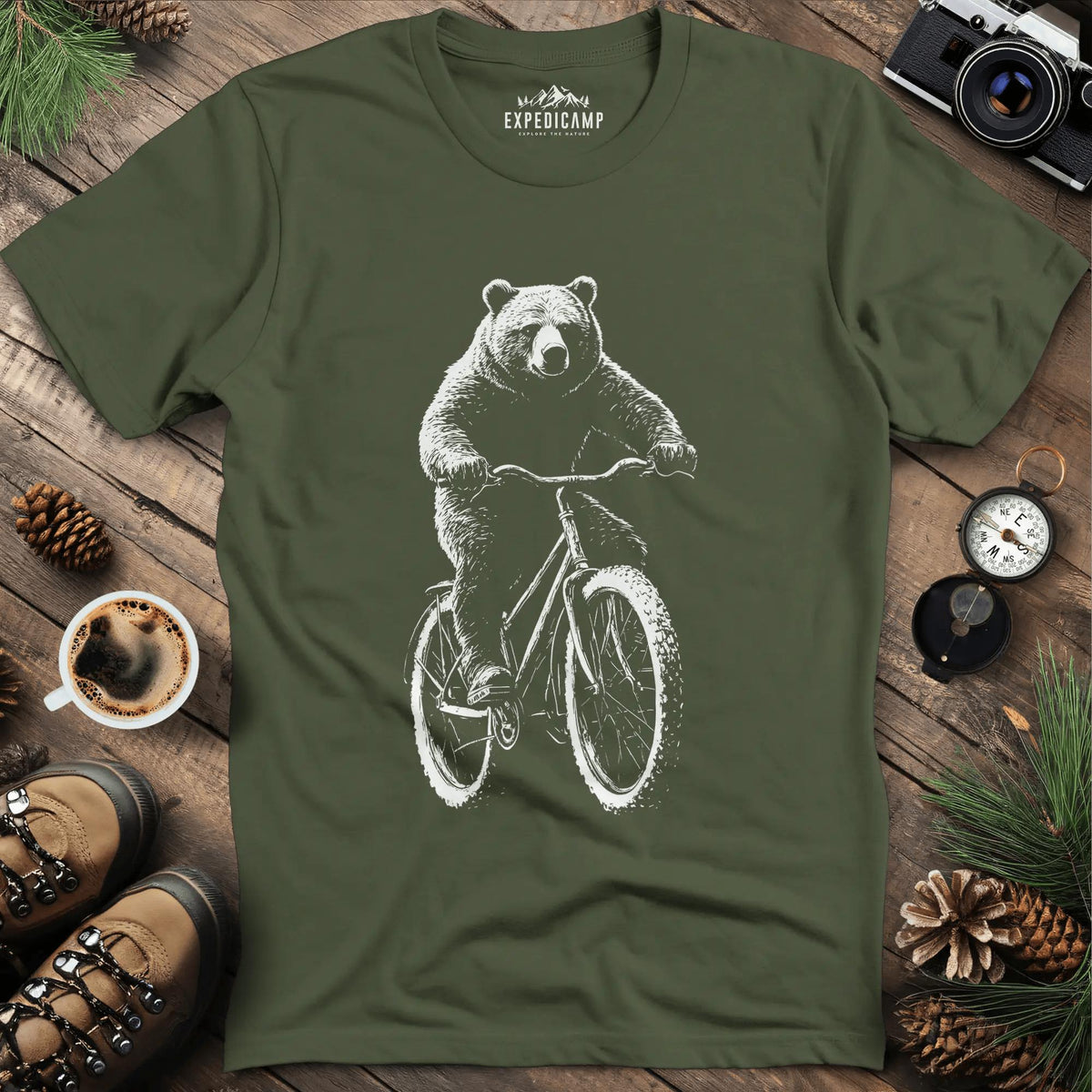 Bear on a Bike T-Shirt – Military Green – Outdoor apparel for travel, hiking, camping, and nature lovers – ExpediCamp