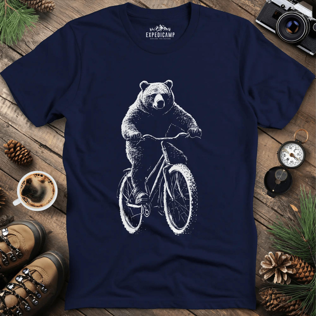 Bear on a Bike T-Shirt – Navy – Outdoor apparel for travel, hiking, camping, and nature lovers – ExpediCamp