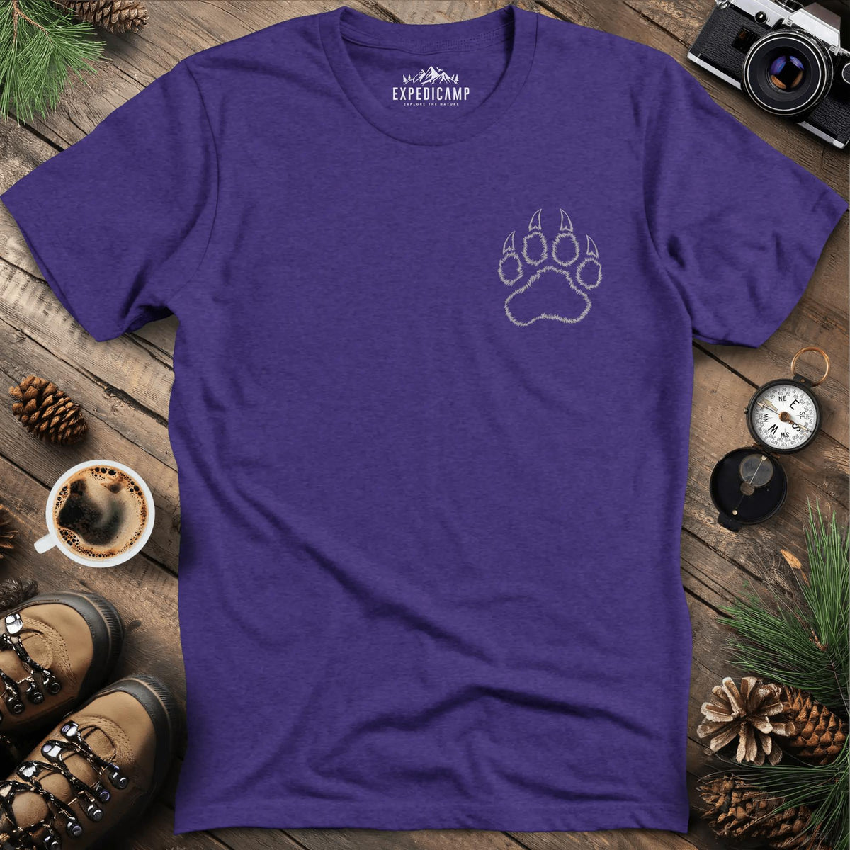 Bear Paw Print T-Shirt – Heather Purple – Outdoor apparel for travel, hiking, camping, and nature lovers – ExpediCamp