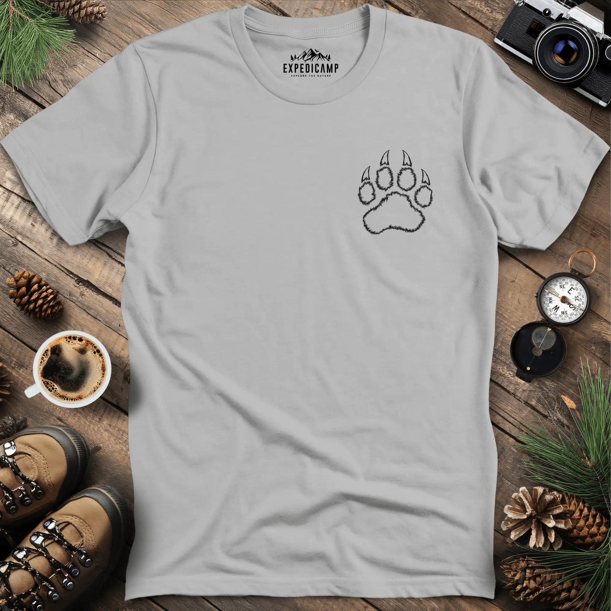 Bear Paw Print T-Shirt – Ice Grey – Outdoor apparel for travel, hiking, camping, and nature lovers – ExpediCamp