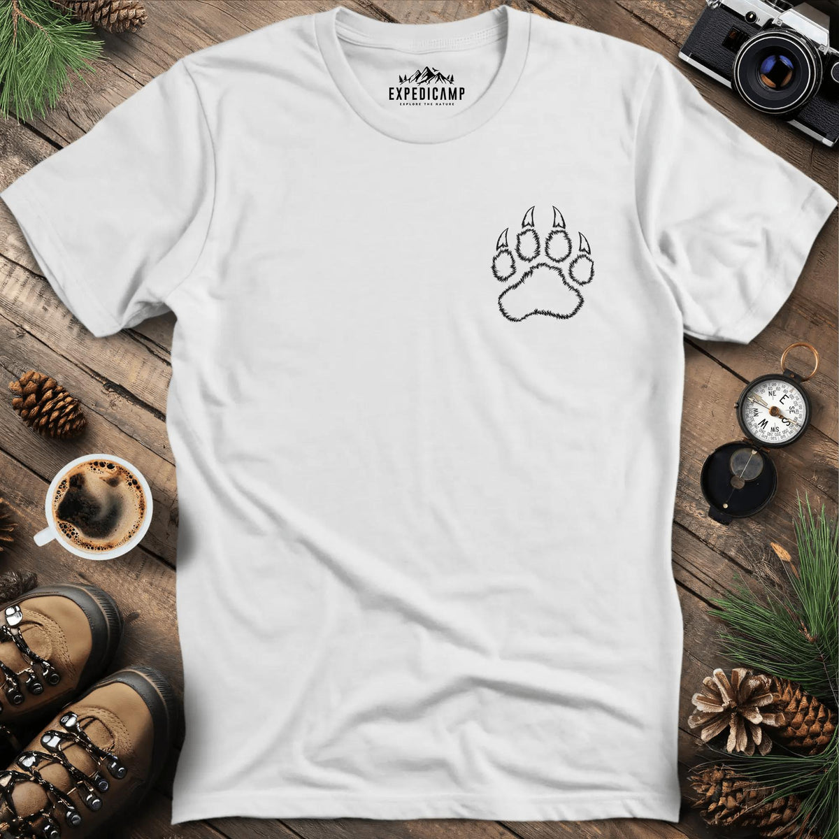 Bear Paw Print T-Shirt – White – Outdoor apparel for travel, hiking, camping, and nature lovers – ExpediCamp