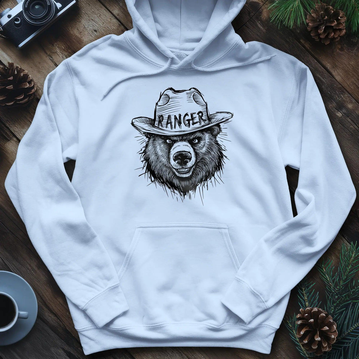 Bear Ranger Hoodie – Light Blue – Outdoor apparel for travel, hiking, camping, and nature lovers – ExpediCamp