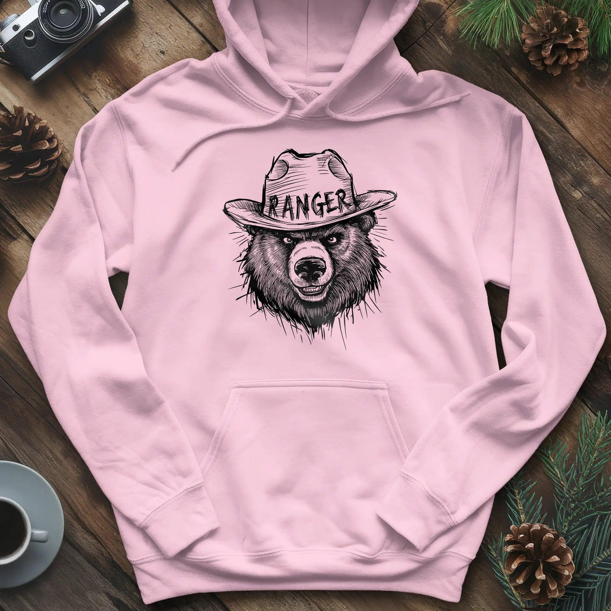 Bear Ranger Hoodie – Light Pink – Outdoor apparel for travel, hiking, camping, and nature lovers – ExpediCamp
