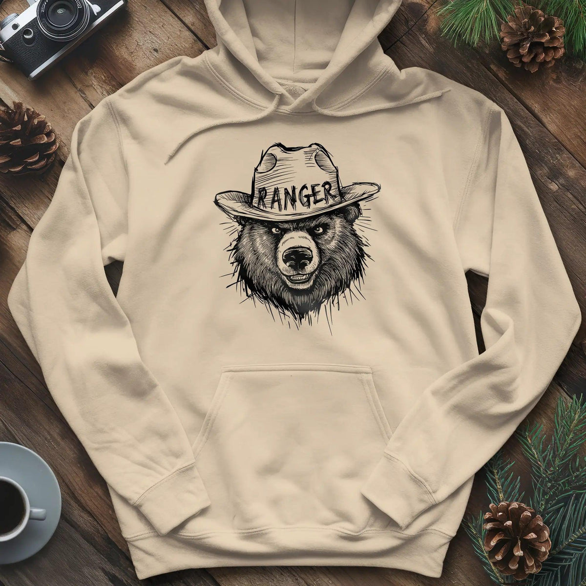 Bear Ranger Hoodie – Sand – Outdoor apparel for travel, hiking, camping, and nature lovers – ExpediCamp