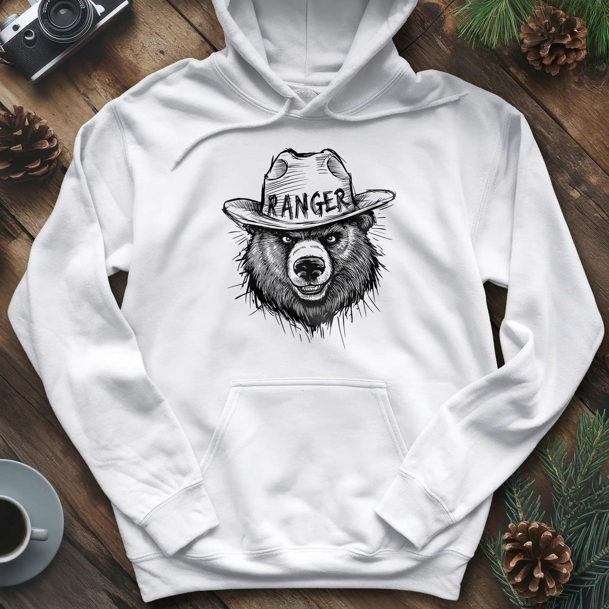 Bear Ranger Hoodie – White – Outdoor apparel for travel, hiking, camping, and nature lovers – ExpediCamp