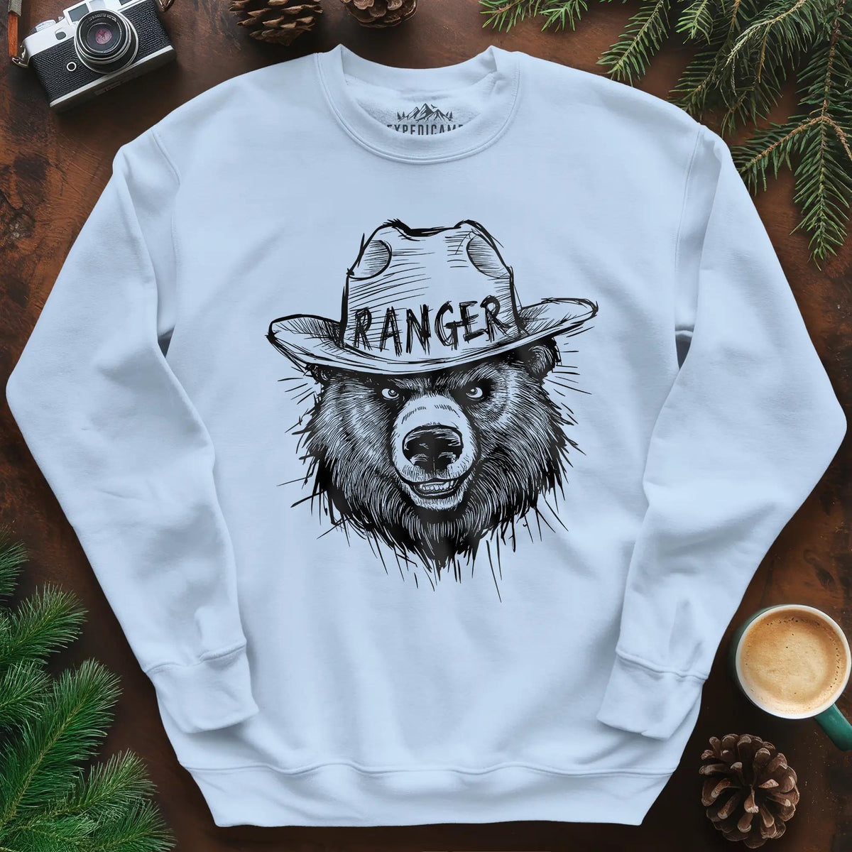 Bear Ranger Sweatshirt – Light Blue – Outdoor apparel for travel, hiking, camping, and nature lovers – ExpediCamp