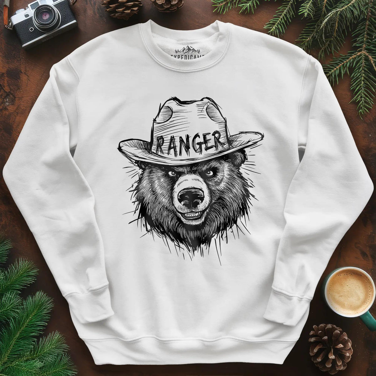 Bear Ranger Sweatshirt – White – Outdoor apparel for travel, hiking, camping, and nature lovers – ExpediCamp