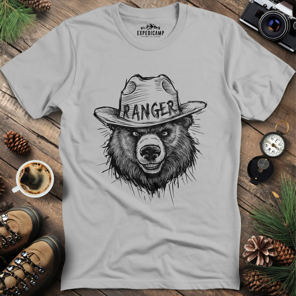 Bear Ranger T-Shirt – Ice Grey – Outdoor apparel for travel, hiking, camping, and nature lovers – ExpediCamp