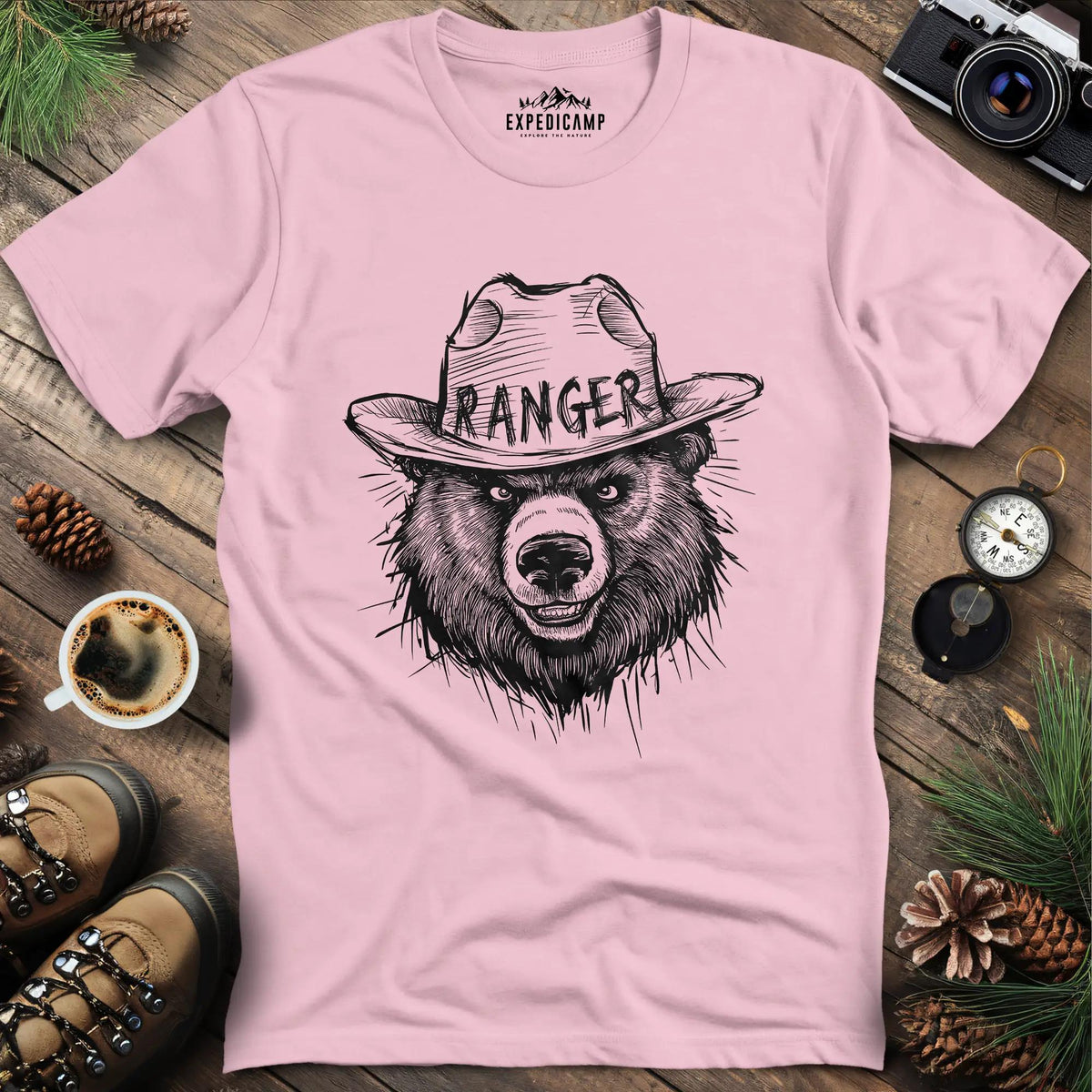 Bear Ranger T-Shirt – Light Pink – Outdoor apparel for travel, hiking, camping, and nature lovers – ExpediCamp