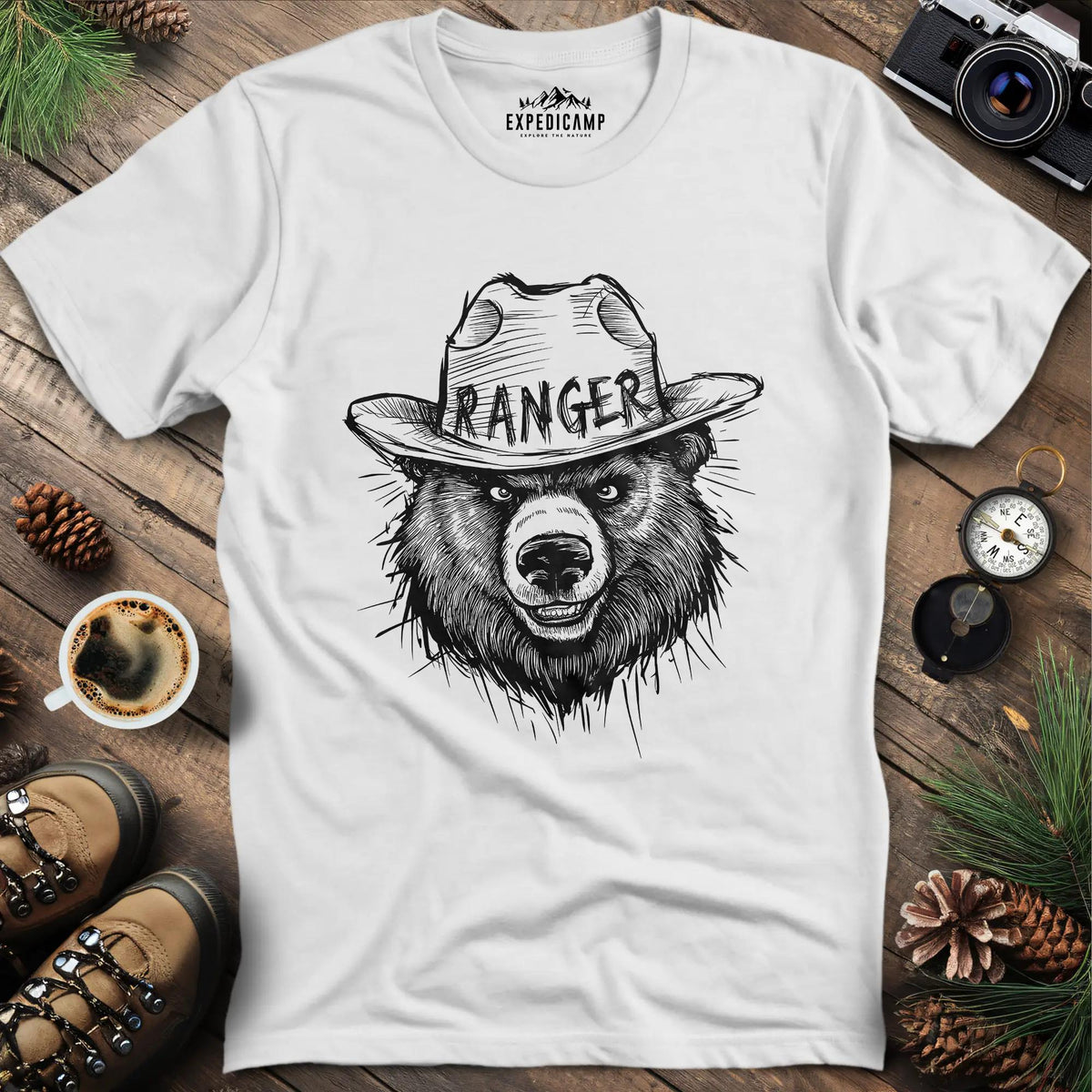 Bear Ranger T-Shirt – White – Outdoor apparel for travel, hiking, camping, and nature lovers – ExpediCamp