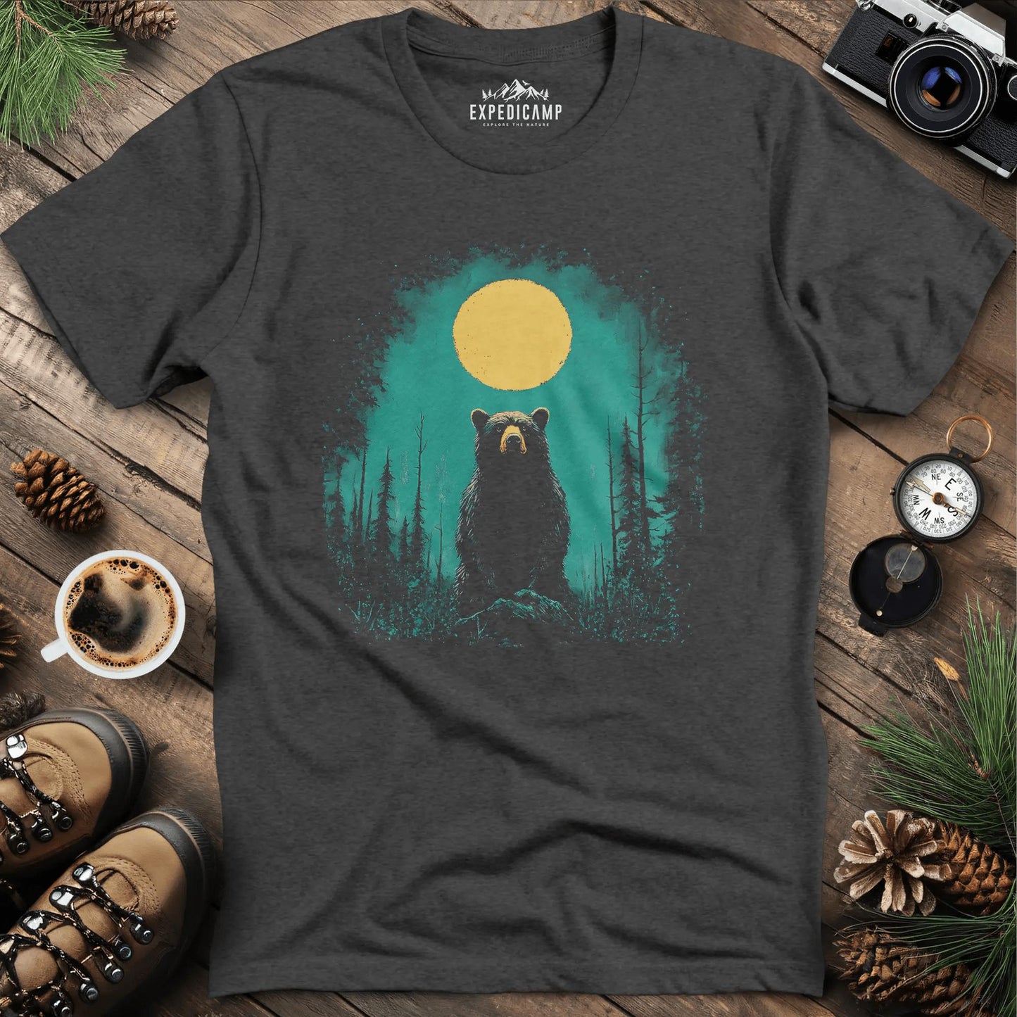 Bear Under the Moon T-Shirt – Mysterious Wilderness Design – Dark Heather – Outdoor apparel for travel, hiking, camping, and nature lovers – ExpediCamp