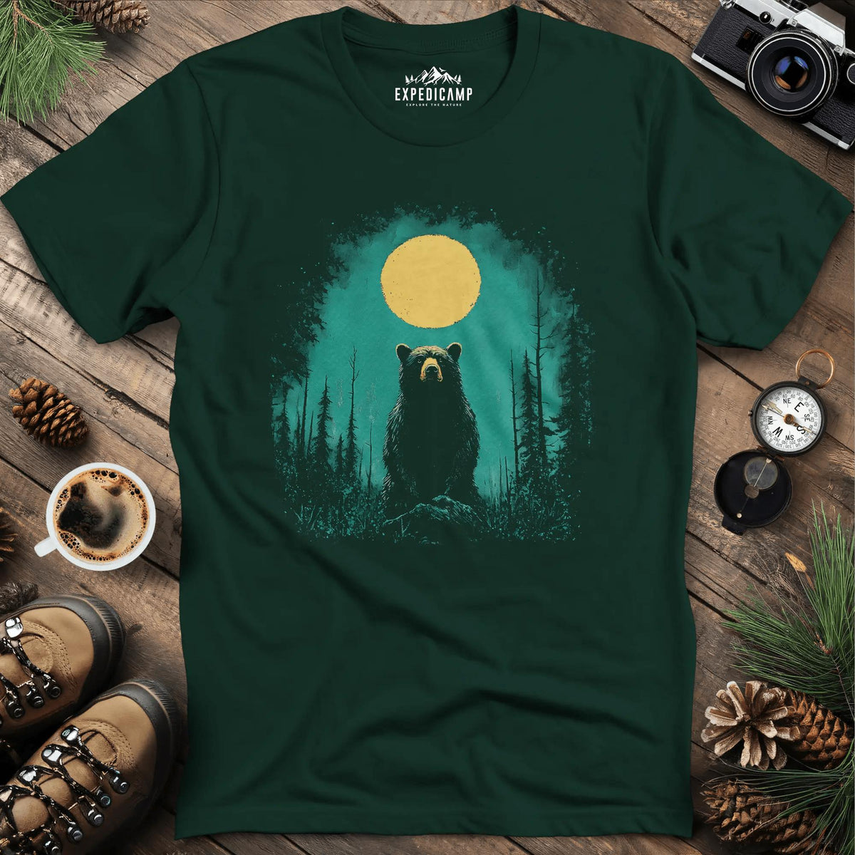 Bear Under the Moon T-Shirt – Mysterious Wilderness Design – Forest Green – Outdoor apparel for travel, hiking, camping, and nature lovers – ExpediCamp