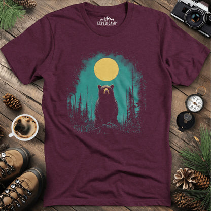 Bear Under the Moon T-Shirt – Mysterious Wilderness Design – Heather Maroon – Outdoor apparel for travel, hiking, camping, and nature lovers – ExpediCamp