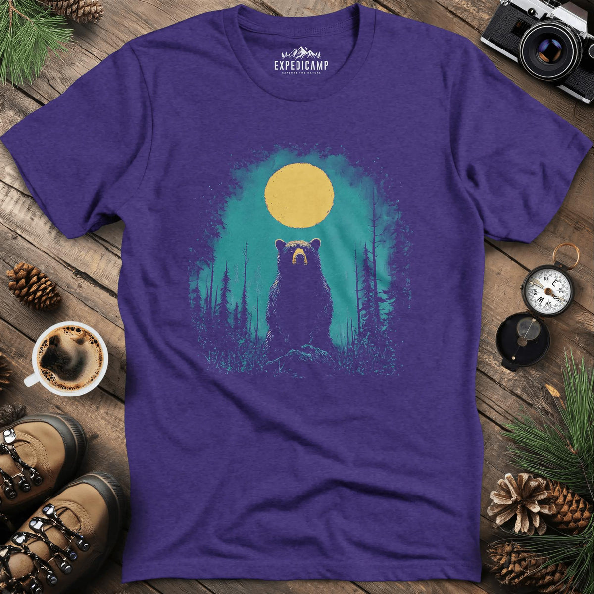 Bear Under the Moon T-Shirt – Mysterious Wilderness Design – Heather Purple – Outdoor apparel for travel, hiking, camping, and nature lovers – ExpediCamp
