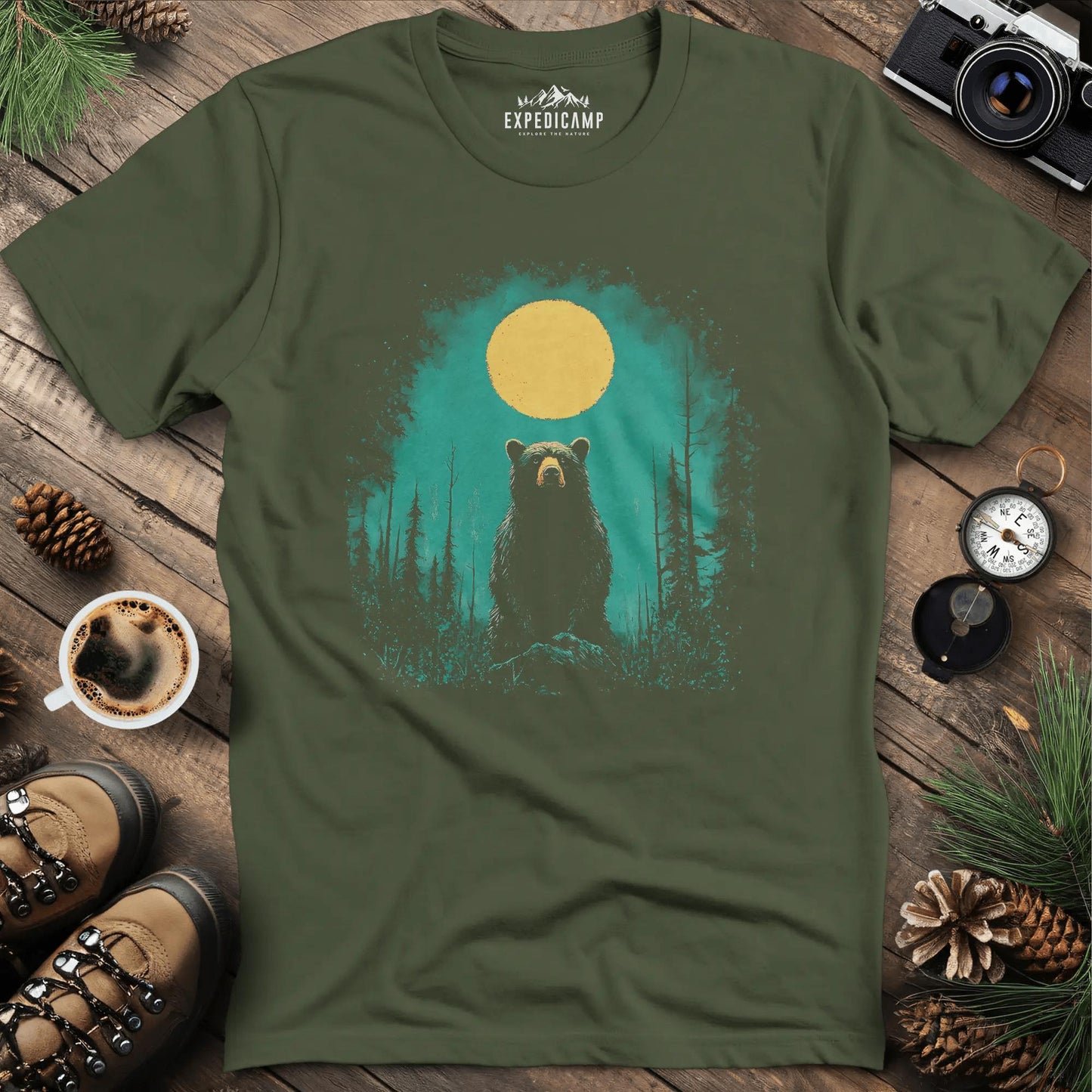 Bear Under the Moon T-Shirt – Mysterious Wilderness Design – Military Green – Outdoor apparel for travel, hiking, camping, and nature lovers – ExpediCamp