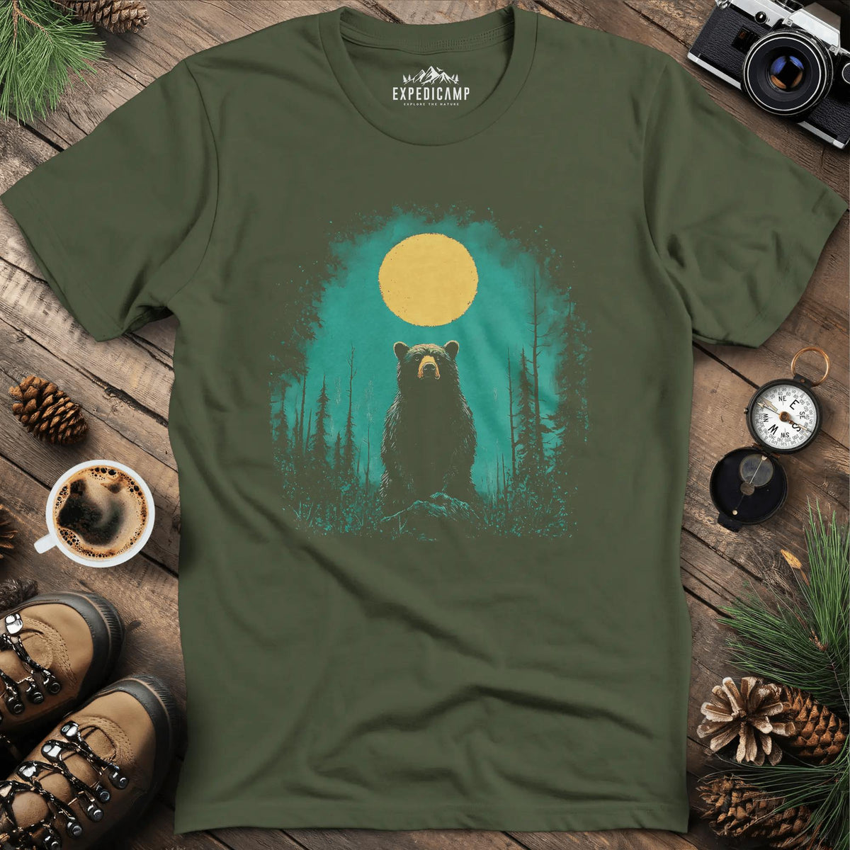 Bear Under the Moon T-Shirt – Mysterious Wilderness Design – Military Green – Outdoor apparel for travel, hiking, camping, and nature lovers – ExpediCamp