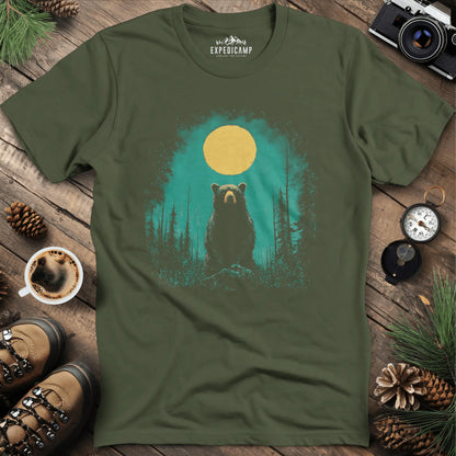 Bear Under the Moon T-Shirt – Mysterious Wilderness Design – Military Green – Outdoor apparel for travel, hiking, camping, and nature lovers – ExpediCamp