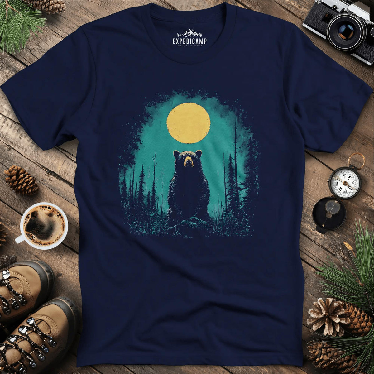 Bear Under the Moon T-Shirt – Mysterious Wilderness Design – Navy – Outdoor apparel for travel, hiking, camping, and nature lovers – ExpediCamp